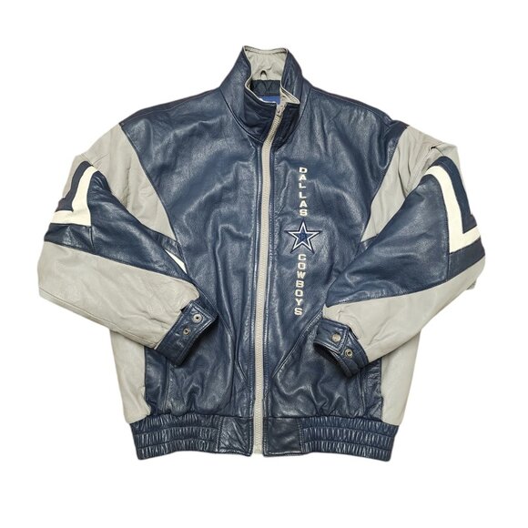 Vintage Dallas Cowboys Leather Jacket Pro Player Size L Blue & Gray NFL Apparel - Picture 1 of 16